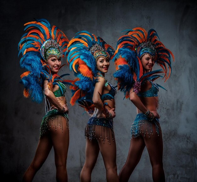 Ritratto in studio di un gruppo di ballerini professionisti femminili in abiti colorati e sontuosi di piume di carnevale. Isolato su uno sfondo scuro.