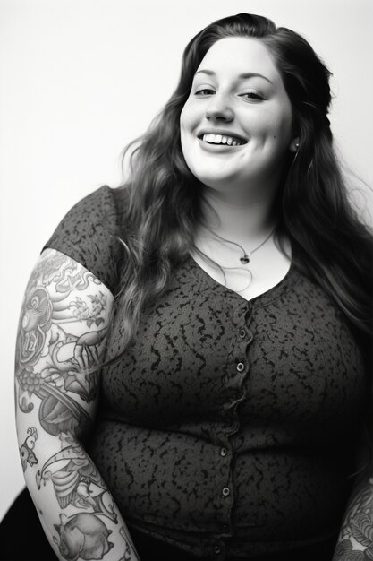 Ritratto monocromatico di donna con tatuaggi