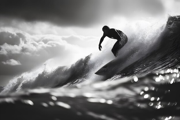 Ritratto monocromatico di una persona che fa surf tra le onde