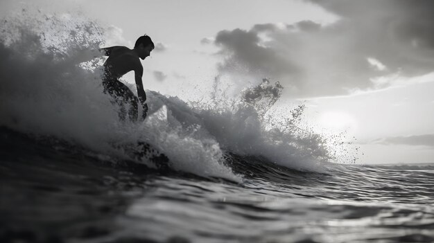 Ritratto monocromatico di una persona che fa surf tra le onde