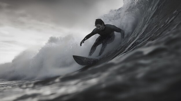 Ritratto monocromatico di una persona che fa surf tra le onde