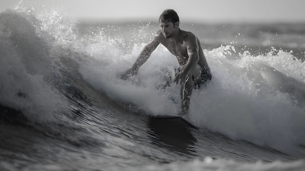 Ritratto monocromatico di una persona che fa surf tra le onde