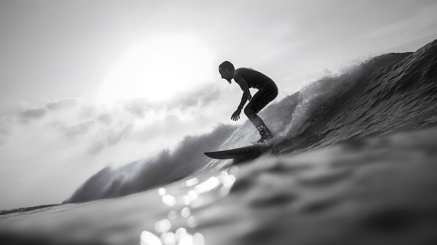 Ritratto monocromatico di una persona che fa surf tra le onde