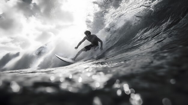 Ritratto monocromatico di una persona che fa surf tra le onde