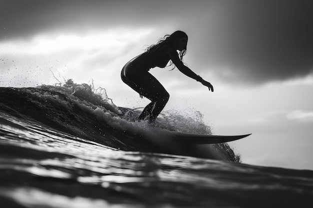 Ritratto monocromatico di una persona che fa surf tra le onde