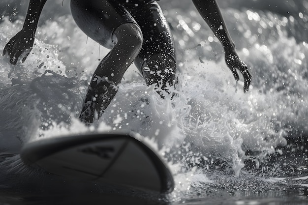 Ritratto monocromatico di una persona che fa surf tra le onde