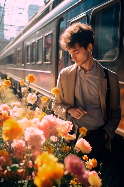 Ritratto primaverile di un uomo con fiori in fiore