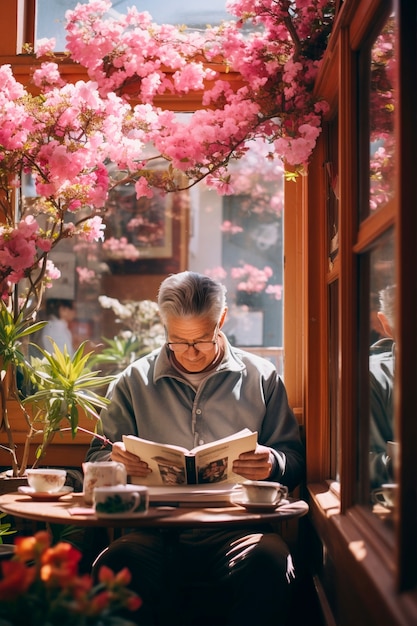 Ritratto primaverile di un uomo con fiori in fiore