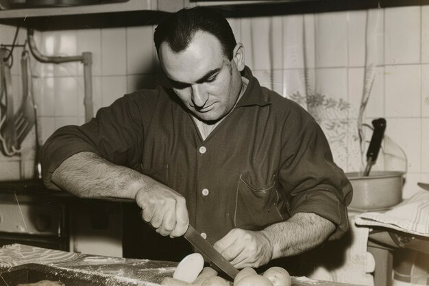 Ritratto vintage in bianco e nero di un uomo che fa le faccende domestiche