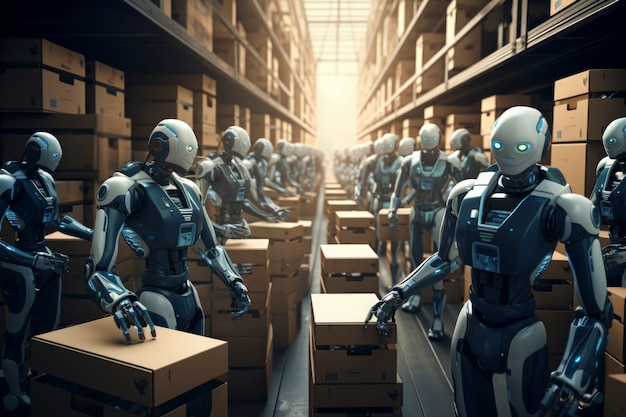 Robot che lavorano in una fabbrica al posto degli esseri umani