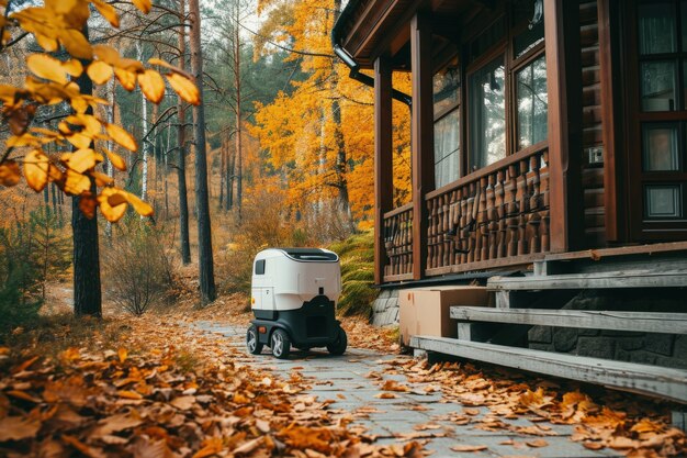 Robot di consegna in un ambiente futuristico.