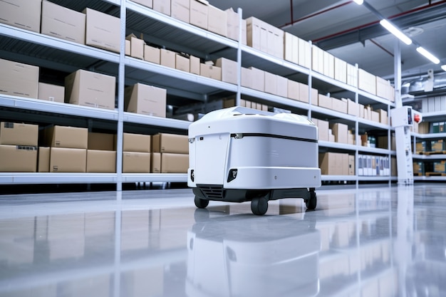 Robot di consegna in un ambiente futuristico.