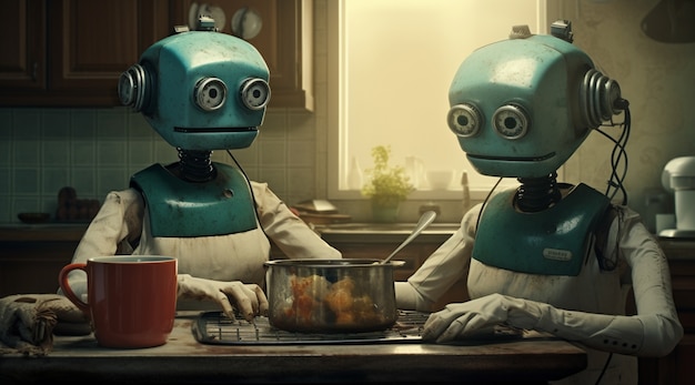 Robot futuristico antropomorfo che esegue un lavoro umano normale