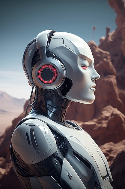 Robot futuristico che ascolta musica con le cuffie