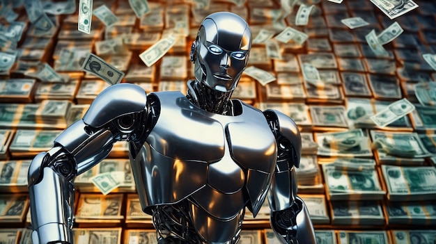 Robot futuristico che interagisce con il denaro