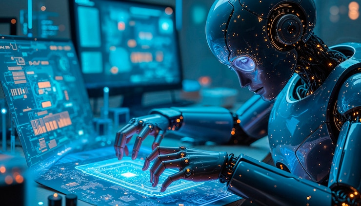 Foto gratuito robot futuristico che interagisce con un'interfaccia digitale