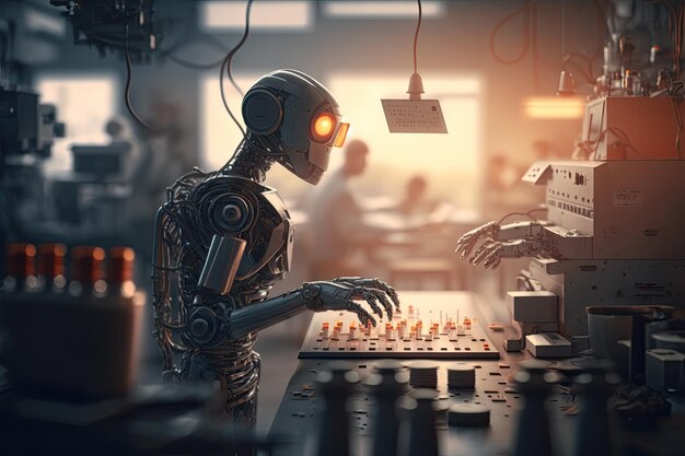 Robot umanoide che lavora con una macchina in una fabbrica Ai generativa