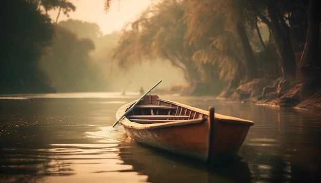 Romanticismo silenzioso sul tranquillo laghetto al tramonto in kayak generato dall'intelligenza artificiale