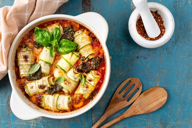 Rotoli di zucchini italiani con ricotta e salsa di pomodoro su uno sfondo di legno blu