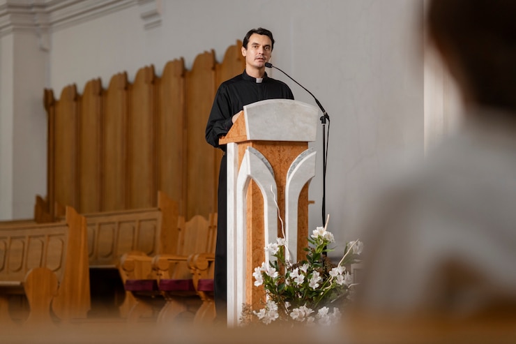 Foto gratuito sacerdote all'interno dell'edificio della chiesa