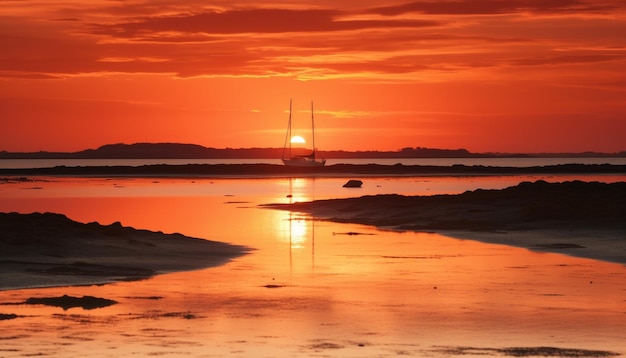 Sagoma di barca a vela retroilluminata dalla bellezza del tramonto arancione generata dall'intelligenza artificiale