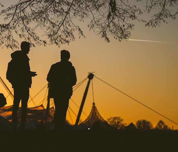 Sagoma di due persone che parlano tra loro sotto un albero durante il tramonto