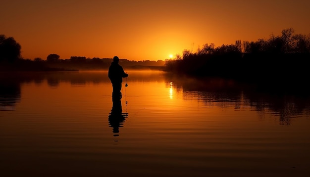 Sagoma di una persona in piedi nel tranquillo tramonto generato dall'intelligenza artificiale