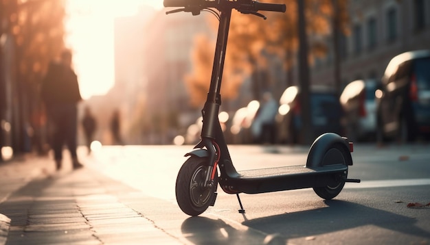 Sagome in sella a biciclette e scooter al tramonto generate dall'intelligenza artificiale