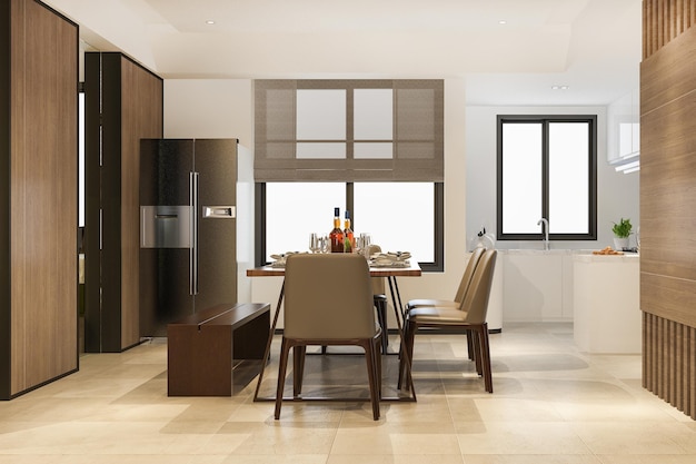 Sala da pranzo e cucina di rendering 3d con decorazioni di lusso