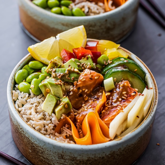 Salmone su poke bowl di riso fotografia