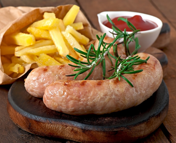 Foto gratuito salsicce di pollo grigliate con contorno di patatine fritte