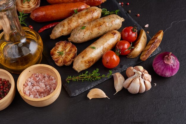 salsicce e ingredienti per cucinare. Salsiccia alla griglia con aggiunta di erbe aromatiche e spezie