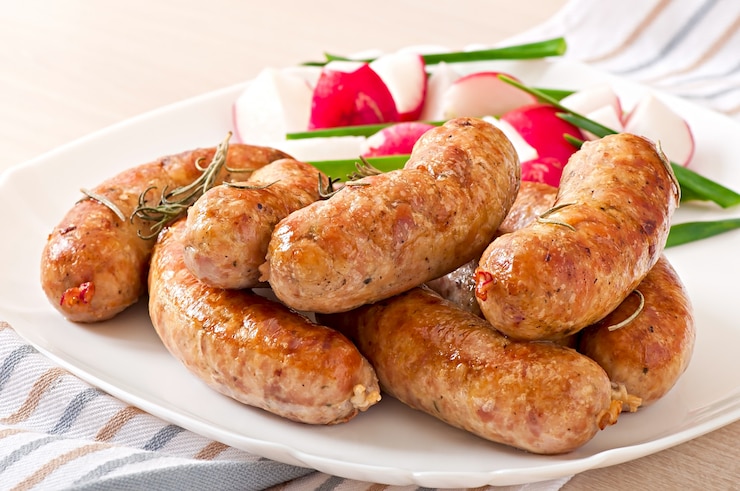 Foto gratuito salsicce fatte in casa cotte al forno e insalata