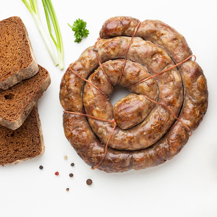 Foto gratuito salsicce piatte e disposizione del pane
