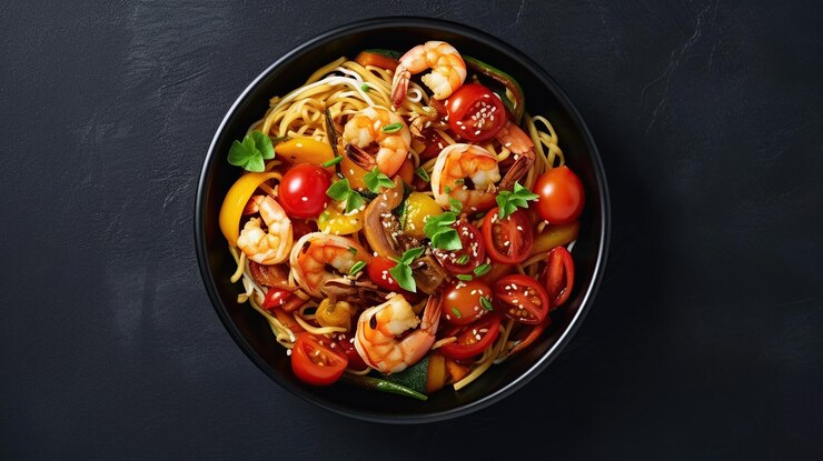 Foto gratuito saltare in padella le tagliatelle con verdure e gamberetti in una ciotola nera immagine generata dall'intelligenza artificiale