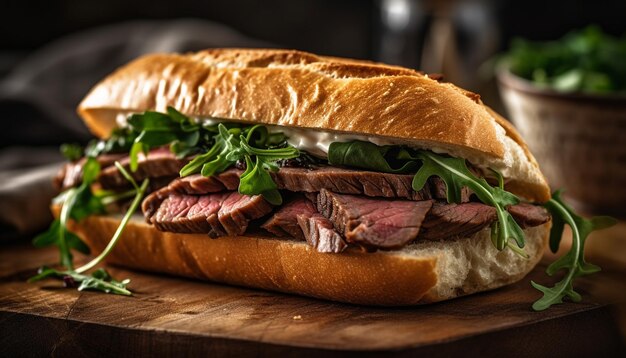 Sandwich di ciabatta alla griglia con carne fresca e verdure generate dall'IA