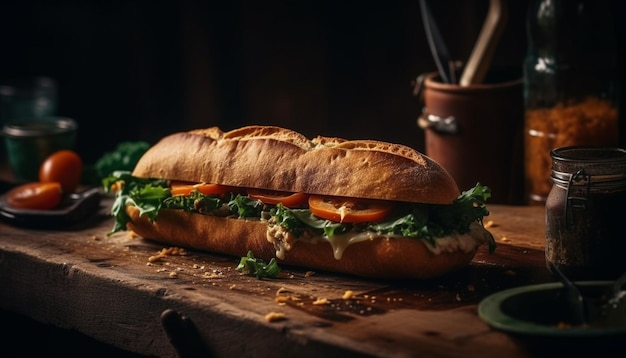 Sandwich di ciabatta alla griglia con carne fresca e verdure generate dall'IA