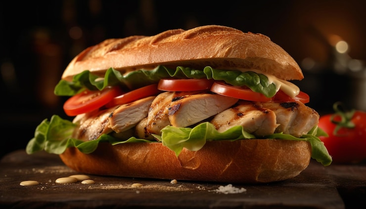 Foto gratuito sandwich di ciabatta alla griglia con verdure fresche e manzo generato dall'ia