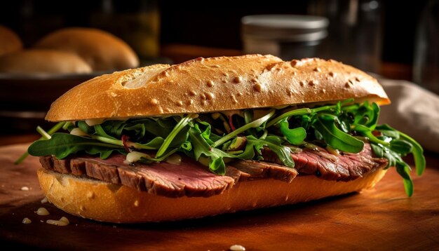 Sandwich di maiale alla griglia su ciabatta Freschezza rustica generata da AI