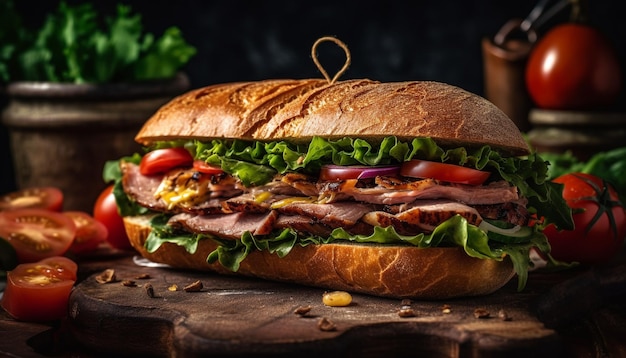 Sandwich di manzo alla griglia su ciabatta con verdure generate da AI