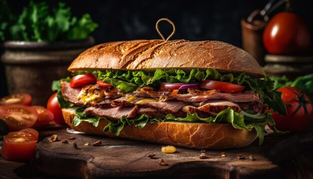 Sandwich di manzo alla griglia su ciabatta con verdure generate da AI