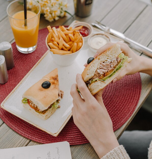 sandwich di pollo con patatine fritte vista dall'alto