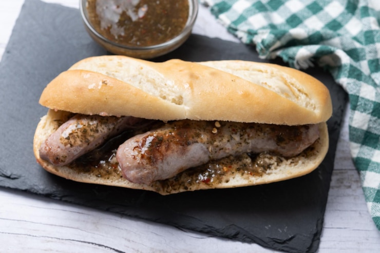 Foto gratuito sandwich tradizionale argentino choripan con chorizo e salsa chimichurri su tavolo di legno