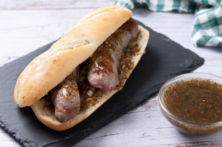 Foto gratuito sandwich tradizionale argentino choripan con chorizo e salsa chimichurri su tavolo di legno