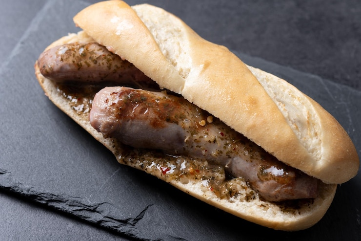 Foto gratuito sandwich tradizionale argentino choripan con salsa chorizo e chimichurri su sfondo di ardesia nera