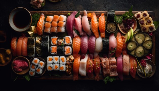 Sashimi e maki di sushi a base di frutti di mare gourmet generati dall'intelligenza artificiale