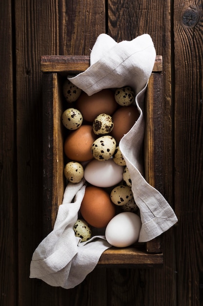 Scatola con quaglia e uova di gallina