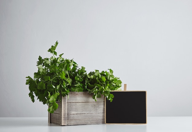 Scatola di legno con prezzemolo verde fresco e coriandolo con cartellino del prezzo del bordo di gesso isolato sulla vista laterale del tavolo bianco