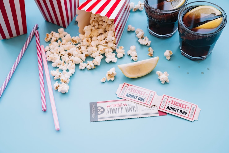 Foto gratuito scatola di popcorn da cinema con una bevanda analcolica