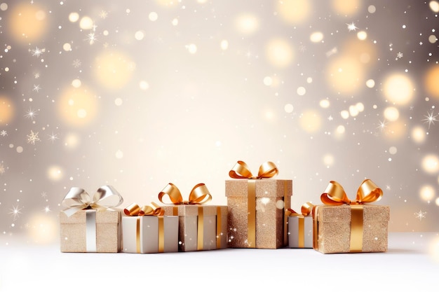scatole regalo di Natale con sfondo di luci brillanti